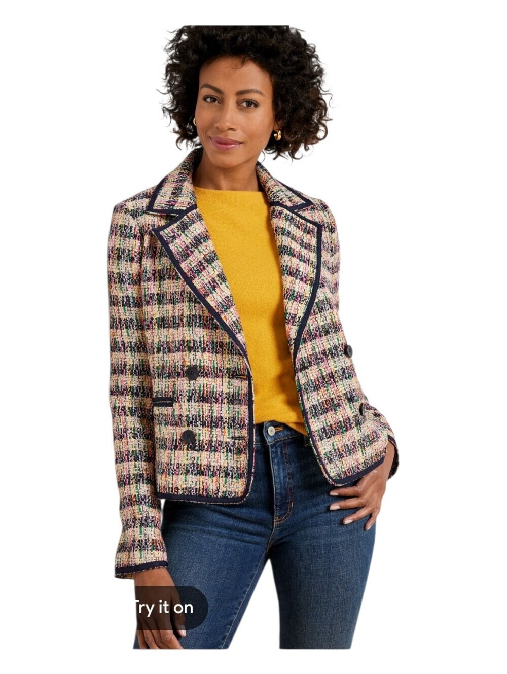 Talbots Womens Navy Blue Multi Color Cafe Tweed Blazer Jacket Size 16